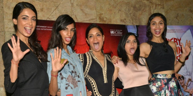 MUMBAI,INDIA NOVEMBER 30: Anushka Manchanda, Sarah-Jane Dias, Sandhya Mridul, Tannishtha Chatterjee and Amrit Maghera at the screening of their movie Angry Indian Goddesses in Mumbai.(Photo by Milind Shelte/India Today Group/Getty Images|