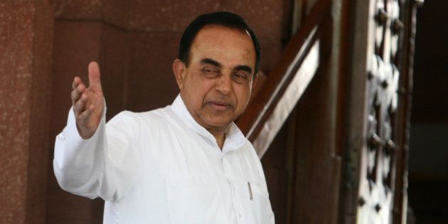 NEW DELHI, INDIA - APRIL 25: Subramanian Swamy at Parliament House in New Delhi on Wednesday during the ongoing budget session. (Photo by Shekhar Yadav/India Today Group/Getty Images)