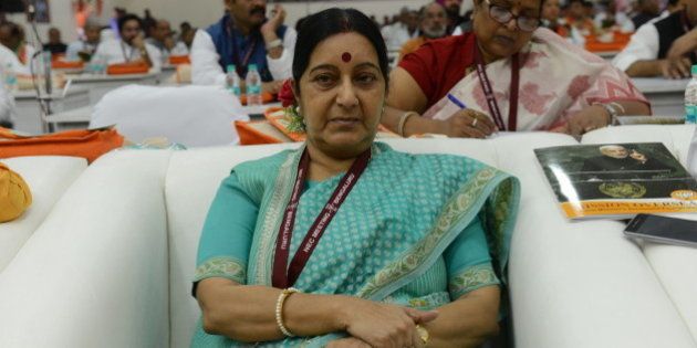 BENGALURU, INDIA - APRIL 3: BJP leader Sushma Swaraj during the BJP two-day National Executive meeting at Hotel Ashok, on April 3, 2015 in Bengaluru, India. (Photo by Hemant Mishra/Mint via Getty Images)