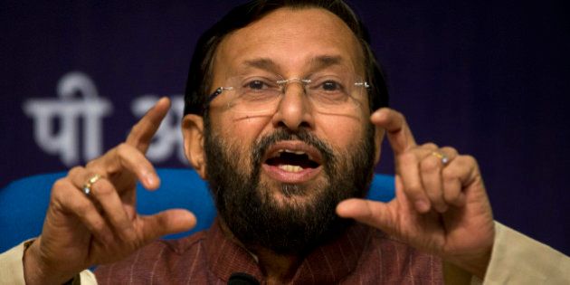 Prakash Javadekar, Indian Environment Minister, addresses a press conference in New Delhi, India, Monday, Aug. 24, 2015. Javadekar said that India would soon share its plans for dealing with climate change, but suggested it would not commit to curbing emissions by a certain year, saying