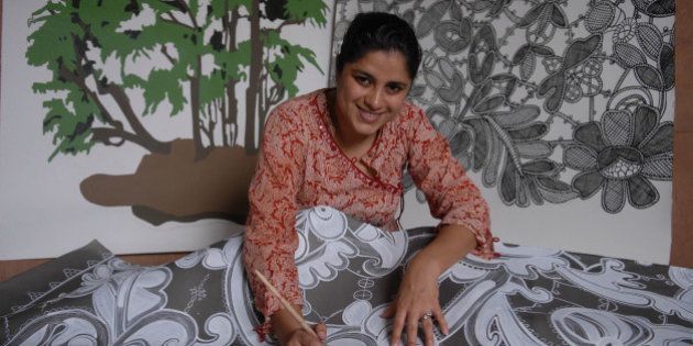 INDIA - AUGUST 30: Hema Upadhyay, Artist at her Studio in Mumbai, Maharashtra, India ( for IT Woman Magazine ) (Photo by Mandar Deodhar/The India Today Group/Getty Images)