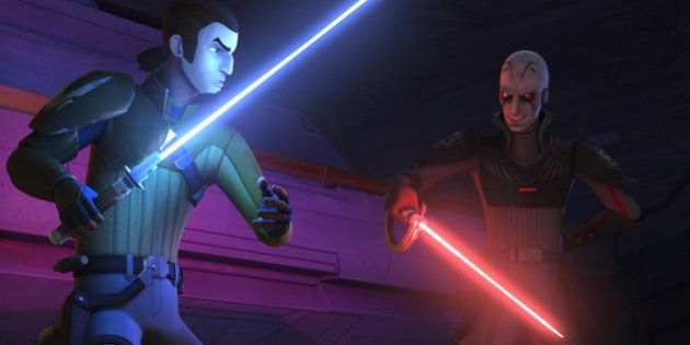 STAR WARS REBELS - 'Gathering Forces' - With the Inquisitor hot on the Ghost's tail, Kanan, Ezra split off from aboard the Phantom to draw the Inquisitor away from the spy Tseebo. Luring the Imperials to the abandoned asteroid base and its carnivorous creatures, Kanan is still forced into a lightsaber duel with the Inquisitor. Ezra uses his growing abilities with the Force to unleash the native creatures on the Inquisitor, allowing the Phantom to flee. Hera and the rest of the crew help the spy escape. This episode of 'Star Wars Rebels' airs Monday, November 24 on Disney XD. (Disney XD via Getty Images)