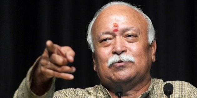 Indian Hindu nationalist organisation Rashtriya Swayamsevak Sangh (RSS) Sarsanghchalak or Chief, Mohan Madhukar Bhagawat gestures as he delivers his speech during a function in Kolkata on December 2, 2015. AFP PHOTO/Dibyangshu SARKAR / AFP / DIBYANGSHU SARKAR (Photo credit should read DIBYANGSHU SARKAR/AFP/Getty Images)