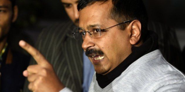 Delhi Chief Minister Arvind Kejriwal gestures as he addresses the media in New Delhi on December 15, 2015. Delhi's Chief Minister Arvind Kejriwal accused Indian Prime Minister Narendra Modi of waging a 'psychopathic' political vendetta after federal investigators raided his administration's headquarters on December 15. AFP PHOTO / PRAKASH SINGH / AFP / PRAKASH SINGH (Photo credit should read PRAKASH SINGH/AFP/Getty Images)