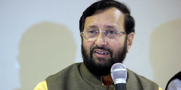 INDORE, INDIA - JANUARY 3: Union minister for environment and forests Prakash Javadekar addressing a press conference at city Hotel on January 3, 2015 in Indore, India. 'Instead of serving people, the opposition is creating hurdles in the way of country's development.' Javadekar alleged. (Photo by Shankar Mourya/Hindustan Times via Getty Images)