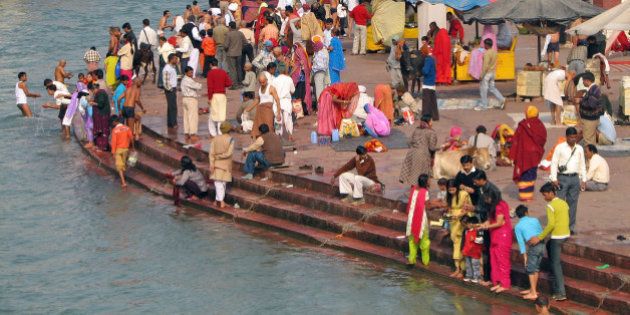 The amazing colour and intensity of pilgrims bathing in the holy Ganga at the Har-ki-Pairi ghats in Haridwar. Haridwar is situated right where the Ganga leaves the Himalayas (and foothills) and hits the plains, making one of the most important pilgrim site on the sub-continent.