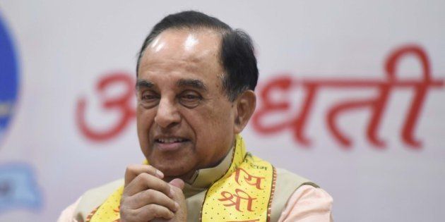NEW DELHI, INDIA - JANUARY 9: BJP leader Subramanian Swamy during a seminar on the construction of Ram Temple in Ayodhya where he asserted that nothing will be done forcibly or against the law, at Delhi Universityâs North Campus, on January 9, 2016 in New Delhi, India. Swamy also claimed that former Prime Minister Rajiv Gandhi had supported the temple and asked the Congress to do the same. (Photo by Sonu Mehta/Hindustan Times via Getty Images)