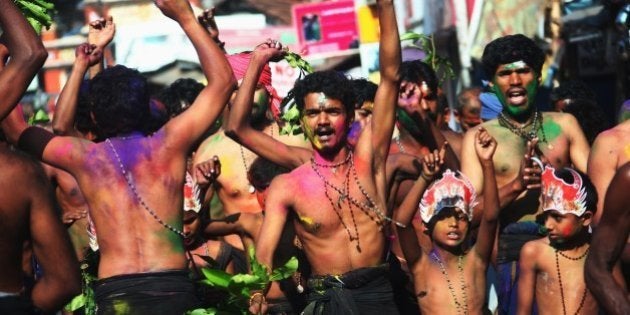 KUMILY, INDIA - JANUARY 06: Indian hindu devotees celebrating Lord Ayyappa on their pilgrimage to Sabarimala temple festival in Kumily. on January 06, 2010 in Kumily near Trivandrum, Kerala, South India. (Photo by EyesWideOpen/Getty Images)