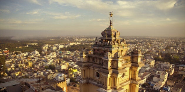 Asia, India, Tamil Nadu, View of temple with Trichy City