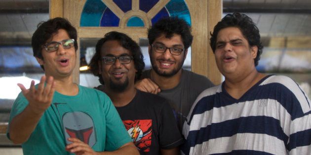 MUMBAI, INDIA - JULY 14: Members of Indian comedy group All India Bakchod or AIB (L-R) Rohan Joshi, Ashish Shakya, Gursimran Khamba and Tanmay Bhat pose for the profile shoot at Versova on July 14, 2015 in Mumbai, India. The group maintains a YouTube channel that shows their comedy sketches and parodies on topics such as politics, society, and the Hindi film industry, and much of their reputation was founded on their online presence. As of March 2015 the group has over 1.157 million subscribers on YouTube. (Photo by Satish Bate/Hindustan Times Via Getty Images)