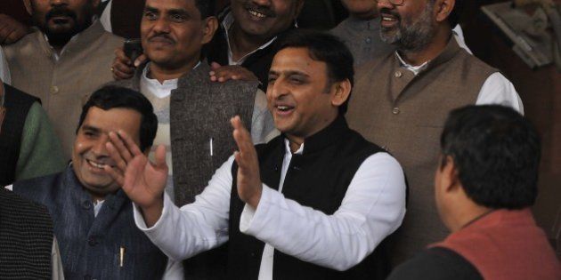 NEW DELHI, INDIA - DECEMBER 11: Uttar Pradesh Chief Minister Akhilesh Yadav during the winter session of Parliament, on December 11, 2015 in New Delhi, India. National Herald case against Sonia, Rahul Gandhi has given fresh ammunition to Congress to disrupt proceedings, delaying the GST and reforms agenda of the NDA. After a third consecutive day of disruptions in the Rajya Sabha, Prime Minister Narendra Modi hit back, saying the Congress was not only stalling the progress of the GST bill but also affecting the common man. (Photo by Vipin Kumar/Hindustan Times via Getty Images)
