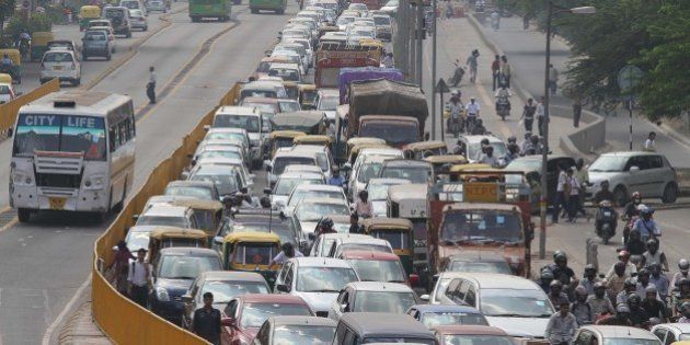 NEW DELHI, INDIA - OCTOBER 18: Heavy traffic jam at BRT stretch on October 18, 2010 in New Delhi, India. (Photo by Jasjeet Plaha/Hindustan Times)