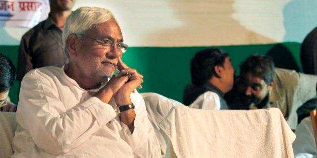 PATNA, INDIA - OCTOBER 24: Bihar Chief Minister Nitish Kumar during an election campaign, on October 24, 2015 in Patna, India. Kumar raised the issue of rise in price of pulses and poked fun at the Mr. Narendra Modi's promise of 'Achhe Din' (good days) to the people. (Photo by Arvind Yadav/Hindustan Times via Getty Images)