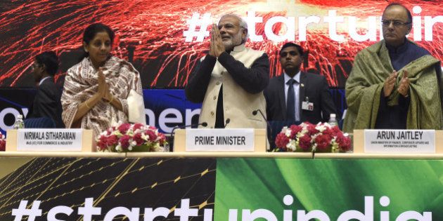 NEW DELHI, INDIA - JANUARY 16: Prime Minister Narendra Modi (C), Finance Minister Arun Jaitley (R) and Minister of States for Independent Charge Nirmala Sitharaman at the launch of Start-Up India at Vigyan Bhavan on January 16, 2016 in New Delhi, India. Indian Prime Minister launched a number of initiatives on Saturday to support the countryâs start-ups, including a 100 billion rupee ($1.5 billion) fund and a string of tax breaks for both the companies and their investors. (Photo by Mohd Zakir/Hindustan Times via Getty Images)