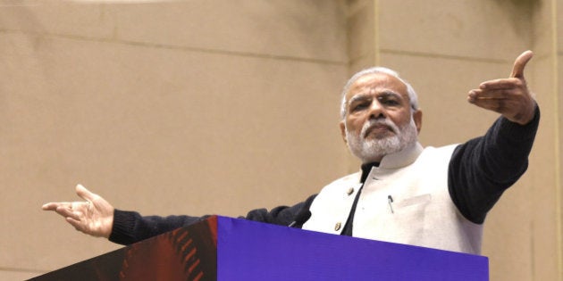 NEW DELHI, INDIA - JANUARY 16: Prime Minister Narendra Modi addressing the gathering at the launch of Start-Up India at Vigyan Bhavan on January 16, 2016 in New Delhi, India. Indian Prime Minister launched a number of initiatives on Saturday to support the countryâs start-ups, including a 100 billion rupee ($1.5 billion) fund and a string of tax breaks for both the companies and their investors. (Photo by Mohd Zakir/Hindustan Times via Getty Images)