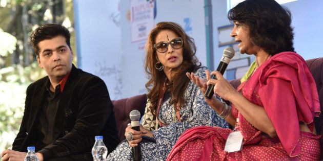 JAIPUR, INDIA - JANUARY 21: Karan Johar, Shobhaa De and Poonam Saxena during the session 'An Unsuitable Boy' at Jaipur Literary Festival 2016, on January 21, 2016 in Jaipur, India. Ninth edition of ZEE Jaipur Literature Festival is set to witness over 360 participants from the fields of literature, history, politics, economy, art and culture debate and discuss on one platform during the course of the next five days. (Photo by Sanjeev Verma/Hindustan Times via Getty Images)