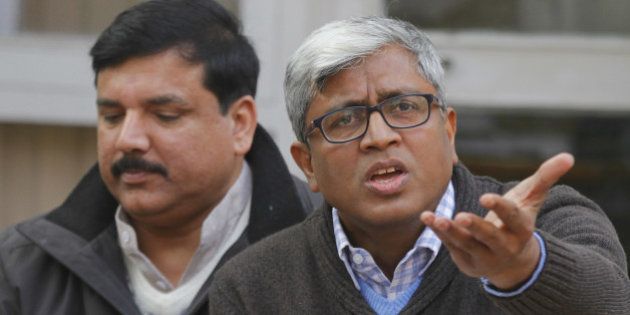 NEW DELHI, INDIA - DECEMBER 18: AAP leaders Ashutosh and Sanjay Singh address the media during a press conference on December 18, 2015 in New Delhi, India. Relentless in its attack on Finance Minister Arun Jaitley, the Aam Aadmi Party today posed five queries to him relating to alleged corruption in Delhi's cricket body DDCA even as Chief Minister Arvind Kejriwal fired fresh salvos at the Modi government claiming it had directed the CBI to target the opposition. (Photo by Arvind Yadav/Hindustan Times via Getty Images)