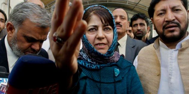 Leader of the opposition Mehbooba Mufti speaks to reporters outside the state legislature house in Srinagar, India, Wednesday, Sept. 28, 2011. The legislature in Indian-controlled Kashmir erupted in chaos Wednesday and was adjourned for the day over a clemency request for a man sentenced to death in a deadly 2001 attack on India's Parliament. (AP Photo/Mukhtar Khan)