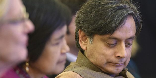 NEW DELHI, INDIA - JANUARY 18: Congress MP Shashi Tharoor during the launch of a book âPolitics of Migration: Indian Emigration in a Globalized Worldâ written by A. Didar Singh, Secretary General of FICCI, and S. Irudaya Rajan at India International Centre, on January 18, 2016 in New Delhi, India. (Photo by Raj K Raj/Hindustan Times via Getty Images)
