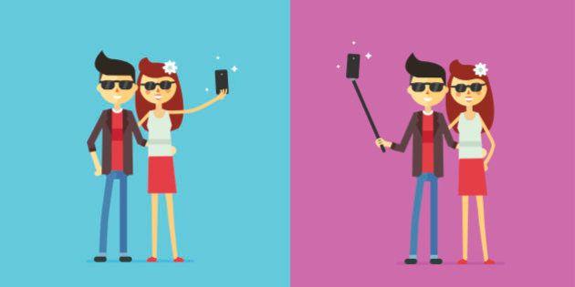 Couple taking selfie with selfie stick. Cartoon characters. Fully editable vector illustration.