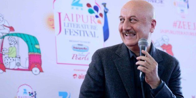 JAIPUR, INDIA - JANUARY 25: Bollywood actor Anupam Kher interacts with media persons after his name was being announced as Padma Bhushan award recipient by the government at Jaipur Literary Festival 2016, at Diggi Palace, on January 25, 2016 in Jaipur, India. Ninth edition of ZEE Jaipur Literature Festival is set to witness over 360 participants from the fields of literature, history, politics, economy, art and culture debate and discuss on one platform for the five days. (Photo by Himanshu Vyas/Hindustan Times via Getty Images)