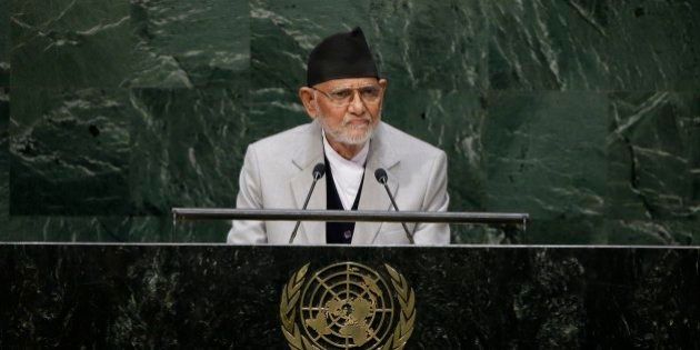 Sushil Koirala, prime minister of Nepal, addresses the 69th session of the United Nations General Assembly at U.N. headquarters on Friday, Sept. 26, 2014. (AP Photo/Frank Franklin II)