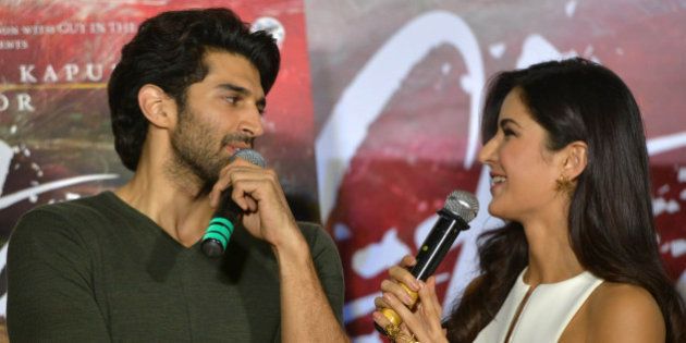 MUMBAI, INDIA JANUARY 04: Aditya Roy Kapur and Katrina Kaif at the trailer launch of their upcoming movie 'Fitoor in Mumbai.(Photo by Milind Shelte/India Today Group/Getty Images)
