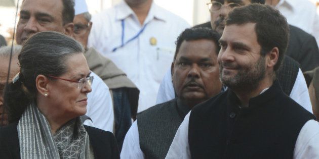 NEW DELHI, INDIA DECEMBER 29: Congress President Sonia Gandhi with his son and party Vice President Rahul Gandhi leaving after hoisting the party flag during the 131st foundation day of Congress party function at AICC headquarters in New Delhi.(Photo by Parveen Negi/India Today Group/Getty Images)