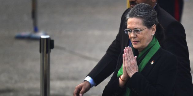 NEW DELHI, INDIA - JANUARY 29: Congress President Sonia Gandhi arrives for Beating Retreat ceremony, on January 29, 2016 in New Delhi, India. This year, 15 Military Bands, 18 Pipes and Drums Bands from Regimental Centres and Battalions are participated in the ceremony. (Photo by Ajay Aggarwal/Hindustan Times via Getty Images)