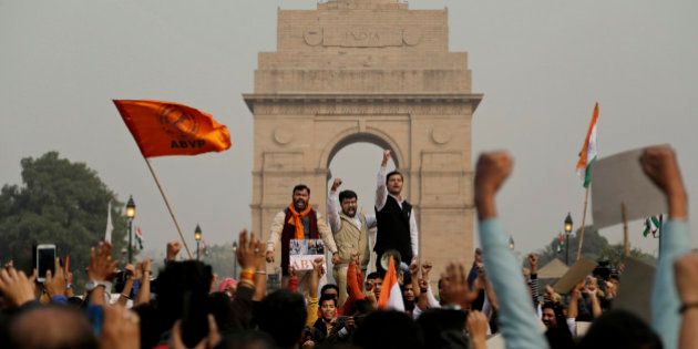 Members of Akhil Bharatiya Vidyarthi Parishad (ABVP), the student wing of the ruling Bharatiya Janata party, shout slogans during a protest in front of the India Gate in New Delhi, India, Friday, Feb. 12, 2016. The protest was against a section of Delhiâs Jawaharlal Nehru University students who during a program earlier this week described the execution of 2001 Parliament attack convict Afzal Guru as