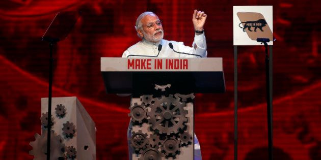 Indian Prime Minister Narendra Modi speaks during the inaugural ceremony of 'Make in India' week in Mumbai, India, Saturday, Feb 13, 2016. âMake in Indiaâ is an initiative launched by the Modi last year to encourage international companies to manufacture their goods in India. (AP Photo/Rajanish Kakade)
