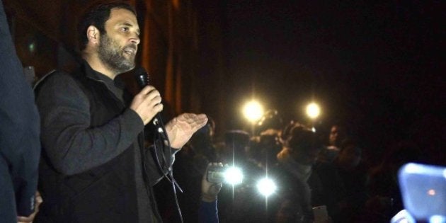 NEW DELHI, INDIA - FEBRUARY 13: Congress Vice President Rahul Gandhi addressing the ongoing protest of JNU students over the release of JNU Student's Union president Kanhaiya Kumar at Jawaharlal Nehru University, on February 13, 2016 in New Delhi, India. Gandhi slammed the Centre and said it is terrified of people who are raising their voices. He said, the most anti-national people are the people who are suppressing the voice of this institution. JNU Student's Union president Kanhaiya Kumar was arrested in connection with a case of sedition, seven more students from the university have been detained after a controversial event to protest the hanging of 2001 Parliament attack convict Afzal Guru three years ago. The protesters also allegedly shouted anti-India slogans during the event. (Photo by Vipin Kumar/Hindustan Times via Getty Images)