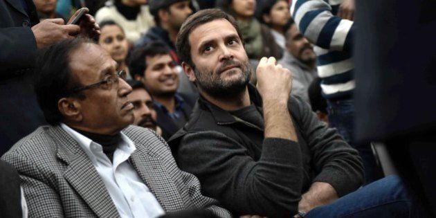 NEW DELHI, INDIA - FEBRUARY 13: Congress Vice President Rahul Gandhi joins the ongoing protest of JNU students over the release of JNU Student's Union President Kanhaiya Kumar at Jawaharlal Nehru University, on February 13, 2016 in New Delhi, India. Gandhi slammed the Centre and said that it is terrified of people who are raising their voices. He said that the most anti-national people are the people who are suppressing the voice of this institution. JNU Student's Union President Kanhaiya Kumar was arrested in connection with a case of sedition, seven more students from the university have been detained after a controversial event to protest the hanging of 2001 Parliament attack convict Afzal Guru three years ago. The protesters also allegedly shouted anti-India slogans during the event. (Photo by Vipin Kumar/Hindustan Times via Getty Images)