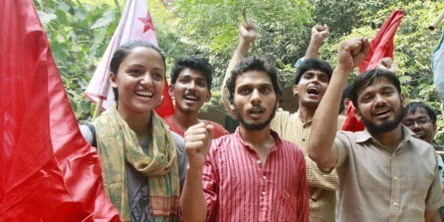 NEW DELHI, INDIA - SEPTEMBER 13: (L-R) AISA`s candidates Shehla Rashid Shora, Vice President, Rama Naga, General Secretary and AISFs Kanhaiya Kumar elected as President, pose during a photo call, at Jawaharlal Nehru University, on September 13, 2015 in New Delhi, India. RSS-backed Akhil Bharatiya Vidyarthi Parishad (ABVP) won a seat in Jawaharlal Nehru University Students' Union (JNUSU) polls after 14 years. ABVP outshone its opponents by huge margins and swept the Delhi University Students' Union (DUSU) elections this year despite predictions of a tough four-corner fight. (Photo by Sanjeev Verma/Hindustan Times via Getty Images)