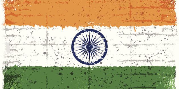 Grunge Indian flag. Clipping mask used. 'Multiply' used for chakra symbol on the flag.