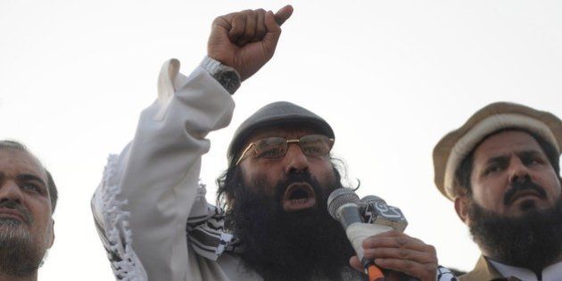 Syed Salahuddin, chairman of the 16-party United Jihad Council, who is also supreme commander of the hardline Hizbul Mujahedin group, addresses the demonstrators during a protest to mark Kashmir Solidarity day in Karachi on February 5, 2015. Pakistan observed Kashmir Solidarity Day on February 5 to denounce Indian rule in the disputed Himalayan region claimed in whole by both countries. AFP PHOTO / Rizwan TABASSUM (Photo credit should read RIZWAN TABASSUM/AFP/Getty Images)