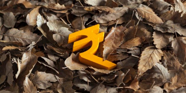 International economy money icon and currency unit on autumn leaves