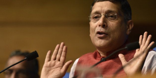 NEW DELHI, INDIA - FEBRUARY 26: Chief Economic Adviser, Ministry of Finance Arvind Subramanian, addressing the Press Conference on Economic Survey 2015- 16 at Conference Hall, National Media Centre on February 26, 2016 in New Delhi, India. The Economic Survey 2015-16, tabled in Parliament said the government should refrain from raising exemption limits on income tax to facilitate natural growth of individual earnings and widen the taxpayers base, even as it also suggested increasing property tax. (Photo by Virendra Singh Gosain/Hindustan Times via Getty Images)