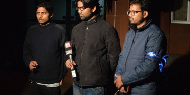 DELHI, INDIA FEBRUARY 24: Students Leaders Rama Naga, Anant Prakash Narayan and Ashutosh Kumar,at JNU in New Delhi.(Photo by Qamar Sibtain/India Today Group/Getty Images)