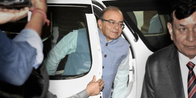 NEW DELHI, INDIA - FEBRUARY 29: Union Finance Minister Arun Jaitley and MoS Jayant Sinha arrive at Parliament House to present General Budget for 2016-17 on February 29,2016 in New Delhi, India. Jaitley will present his third budget in parliament today. (Photo by Mohd Zakir/ Hindustan Times via Getty Images)