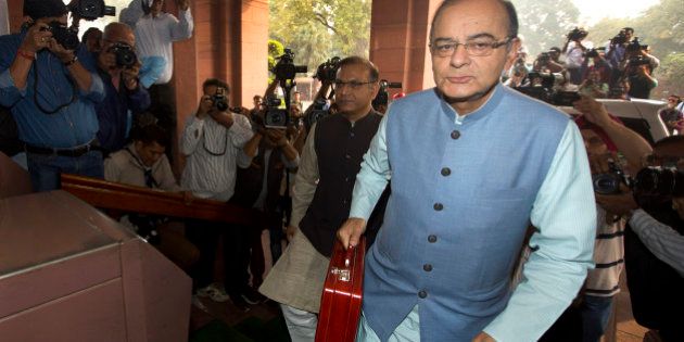 Indian Finance Minister Arun Jaitley arrives at parliament house to present federal budget 2016-17, in New Delhi, India, Monday, Feb. 29, 2016. It was Jaitleyâs second full budget since Prime Minister Narendra Modi won a huge majority in national election in 2014, on the back of promises to turn around the economy and boost job creation. There have been few sweeping reforms in the past two years that the government has been promising. (AP Photo/Manish Swarup)