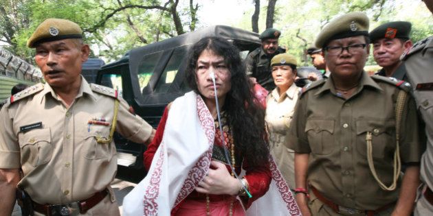 NEW DELHI, INDIA - MAY 28: Human rights activist Irom Sharmila arrives at Patiala court for hearing a case of attempted suicide during her fast-unto-death at Jantar Mantar here in 2006 on May 28, 2014 in New Delhi, India. Dubbed the Iron Lady, 40-year-old Sharmila from Manipur has been protesting for the last 12 years, demanding repeal of AFSPA. (Photo by Arun Sharma/Hindustan Times via Getty Images)