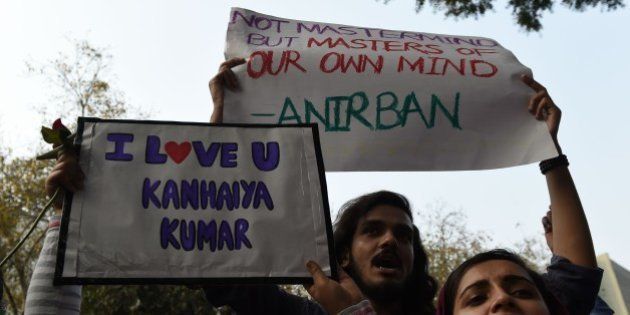 Indian students and activists shout slogans and protest against the arrest of an Indian student for sedition in New Delhi on March 2, 2016. An Indian court has granted bail to a student leader who was arrested on a controversial sedition charge last month, sparking major protests and a nationwide debate over free speech. Kanhaiya Kumar was arrested on February 12 over a rally at Delhi's prestigious Jawaharlal Nehru University (JNU) where anti-India slogans were chanted. He has been in judicial custody in the capital's Tihar jail since February 17. AFP PHOTO / SAJJAD HUSSAIN / AFP / SAJJAD HUSSAIN (Photo credit should read SAJJAD HUSSAIN/AFP/Getty Images)
