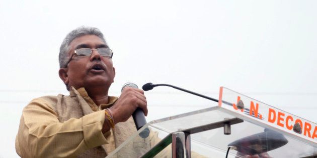 KOLKATA, INDIA - 2015/11/30: Dilip Ghosh addressing the crowd during the mega rally organized by Uthan Diwas Bengal BJP from College square to Y-channel to promote change in the incoming election at West Bengal. (Photo by Saikat Paul/Pacific Press/LightRocket via Getty Images)