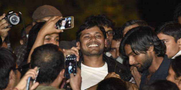 NEW DELHI, INDIA - MARCH 3: JNUSU President Kanhaiya Kumar addressing JNU students after his release on March 3, 2016 in New Delhi, India. Kanhaiya Kumar was granted interim bail for six months by the Delhi High Court after spending 20 days in jail. Kumar was arrested on February 12 on charges of sedition and criminal conspiracy after alleged anti-national slogans were raised on the JNU campus on February 9. (Photo by Sanjeev Verma/Hindustan Times via Getty Images)