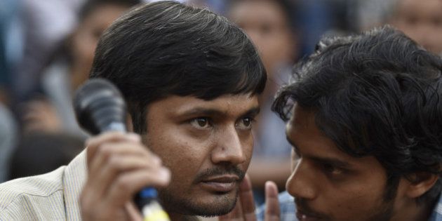 NEW DELHI, INDIA - MARCH 4: JNUSU President Kanhaiya Kumar during the press conference at JNU campus on March 4, 2016 in New Delhi, India. Kanhaiya Kumar was granted interim bail for six months by the Delhi High Court after spending 20 days in jail. Kumar was arrested on February 12 on charges of sedition and criminal conspiracy after alleged anti-national slogans were raised on the JNU campus on February 9.(Photo by Sanjeev Verma/Hindustan Times via Getty Images)