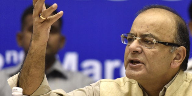 NEW DELHI, INDIA - MARCH 2: Union Finance Minister Arun Jaitley addressing the post budget interactive session with representatives of Indian Trade and Industry Associations (FICCI, CII & ASSOCHAM) at Vigyan Bhavan on March 2, 2016 in New Delhi, India. Facing flak for proposing a tax on employee provident fund withdrawals, finance minister Arun Jaitley said he will spell out the final decision on the matter when he replies to the debate on Budget in Parliament. After Budget 2016-17 proposed taxing 60 per cent of the withdrawal from employees' provident fund (EPF) on contributions to be made after April 1, the government hinted of a partial rollback. (Photo by Virendra Singh Gosain/Hindustan Times via Getty Images)