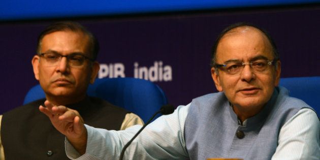 DELHI, INDIA FEBRUARY 29: Union Minister for Finance Arun Jaitley and MoS for Finance Jayant Sinha during a Post-Budget Press Conference, in New Delhi.(Photo by Parveen Negi/India Today Group/Getty Images)