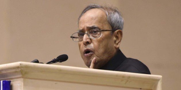 NEW DELHI, INDIA - MARCH 5: President Pranab Mukherjee during an inauguration of a National Conference on âWomen Legislators: Building Resurgent Indiaâ at Vigyan Bhawan, on March 5, 2016 in New Delhi, India. The aim of the event is to bring top women political leaders on a single platform. At least 300 women legislators from all over the country congregate for a two-day conference at Vigyan Bhavan with a bid to hone their skills further so as to contribute their might in the socio-economic progress of the country. (Photo by Sonu Mehta/Hindustan Times via Getty Images)