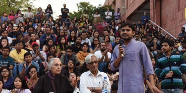 NEW DELHI, INDIA - MARCH 6: Historian Romila Thapar and Harbans Mukhia with JNU students Union President Kanhaiya Kumar at Jawaharlal Nehru University (JNU) Campus on March 6, 2016 in New Delhi, India. Thapar said that it will be difficult for the government to 'control' the thinking process unless it turns into a totally 'anti-democratic dictatorship'. She told 'JNU is not likely to suffer a setback as there is much intellectual support for it in the country. There are other universities too that discuss a range of ideas as are discussed in the JNU. The existence of a varsity is intended for that to discuss ideas of every kind.' (Photo by Sushil Kumar/Hindustan Times via Getty Images)